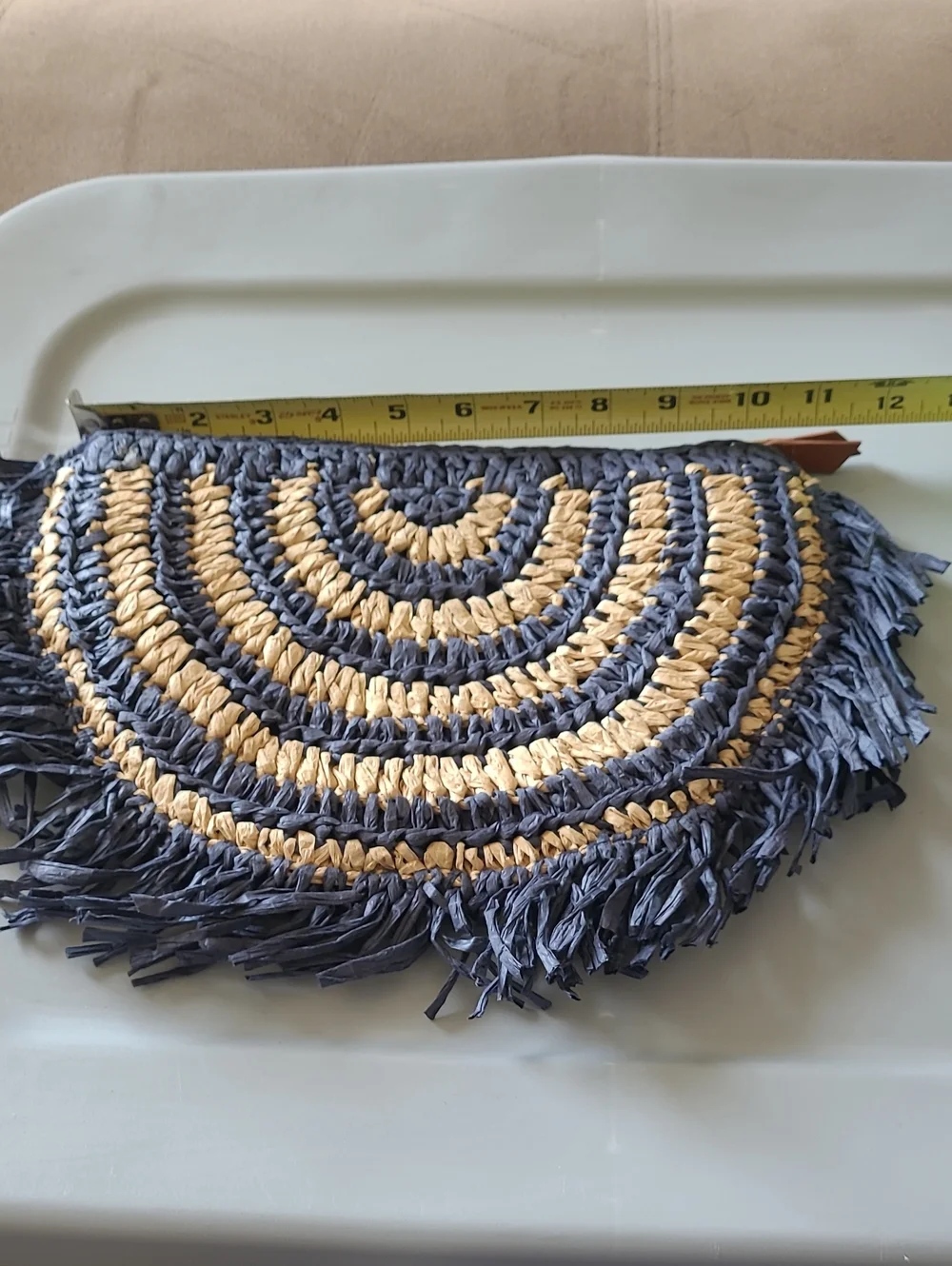 J. Crew Blue/Tan Straw Fringe Clutch Purse OS